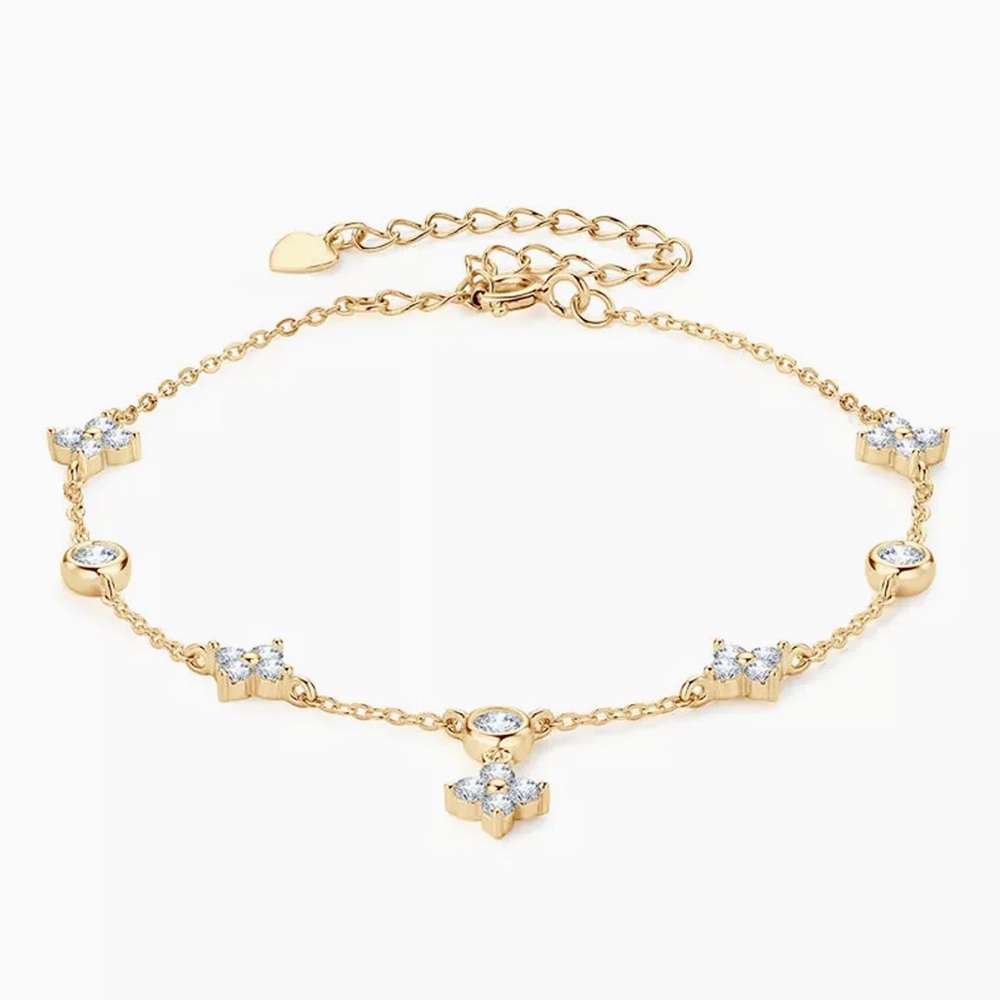 14K Gold Clover VVS1 Moissanite Lucky Floral Dangle Vermeil Dainty Bracelet